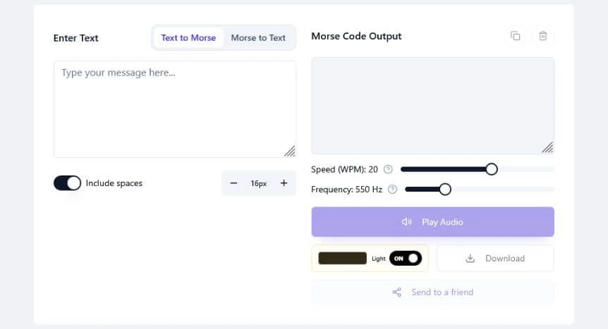 Online Morse code translator tool interface showing text input and Morse code output